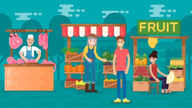2D illustration Animated Scene of Market Where People Buying And Selling Fruits, Vegetables, Meat.