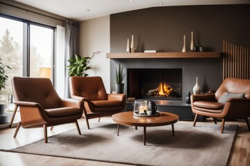 Interior home design of modern living room with brown leather chairs and round table in room with fireplace
