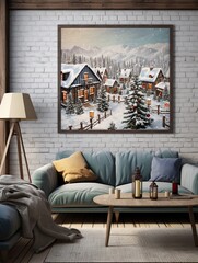 Cozy Winter Snow-covered Christmas Village Canvas: Vintage Landscape Dream
