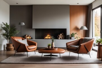 Interior home design of modern living room with brown leather chairs and round table in room with fireplace