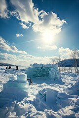 Fototapeta na wymiar Craftsmen constructing icy structure, cold landscape.