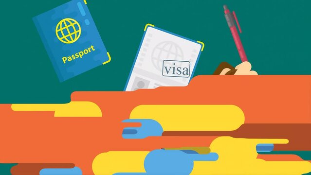 2D Rendered Animated Scene Of Visa Department Official Putting Seal Stamps On Passport.