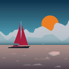 Ship in sunset floating on a sea ice