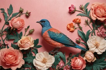 Floral Symphony Generative AI's Bird and Rose Botanical Elegance on Colorful Canvas - obrazy, fototapety, plakaty