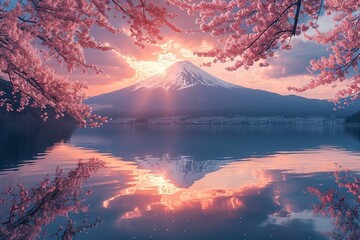 桜が咲く春の富士山の朝焼け・夕焼けの風景（桜・春爛漫・満開の桜・鏡富士）