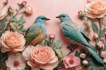A Tapestry of Nature Generative AI's Bird and Rose Blossoms in Multicolor Bliss