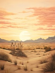 Fototapeta na wymiar Desert Dusk Boho Artwork: Vintage Landscape of Sand Dunes