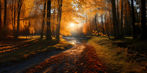 Road in the forest with the sun shining through the trees. background for wallpaper.