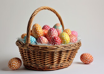 Basket full of colorful easter eggs on a white background, easter baskets photo