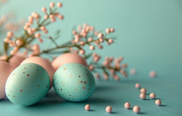 Colorful easter eggs arranged on a blue surface, easter decorations image