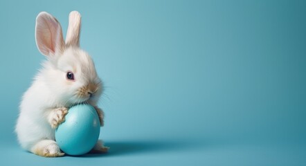 Cute white bunny holds blue egg on blue background, easter bunny image