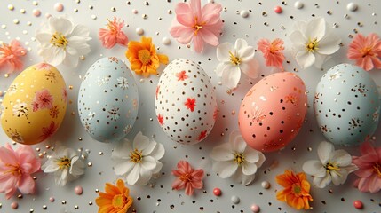 Vibrant easter eggs surrounded by beautiful flowers in a festive celebration, easter decorations picture