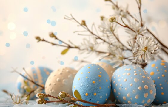 Blue and white easter eggs with branches and buds, easter decorations image