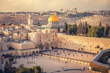 Jerusalem old city aerial view to the wailing wall kotel and dome of the rock al aqsa mosque picturesque scenic  - obrazy, fototapety, plakaty