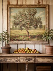 Distressed Fruit Grove Paintings Vintage Landscape: Captivating Farmhouse Bounty