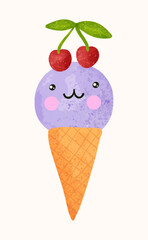 Kawaii cute ice cream waffle cone with cherry print, kids design
