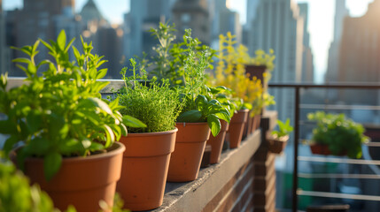a small herb garden thriving on a city apartment balcony. an array of potted herbs, including...