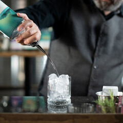 Bartender Pours Gin, Preparing Aromatics Gin Tonic Cocktail.