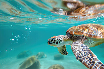 graceful movement of sea turtles gliding through clear blue waters.