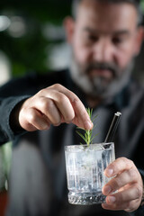 Gin Tonic Cocktail Served with Rosemary Herb