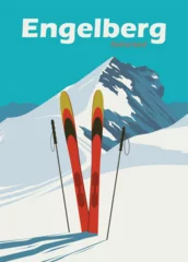 Poster ski pole in snow vintage poster illustration design at engelberg titlis ski resort, switzerland © linimasa