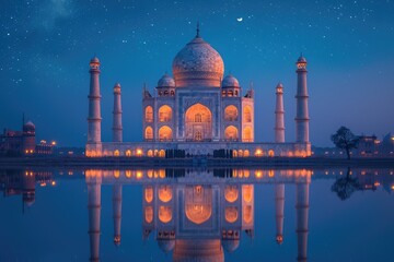 Taj Mahal in sunset light with reflection in water. The Taj Mahal is an ivory-white marble mausoleum on the south bank of the Yamuna river. Agra - obrazy, fototapety, plakaty