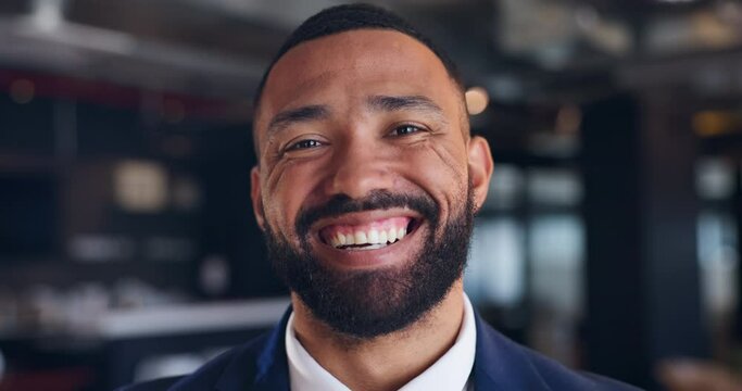 Businessman, face and laughing or funny in office with confidence and pride for professional career. Entrepreneur, person and portrait of happy employee with joke, comedy and cheerful at workplace