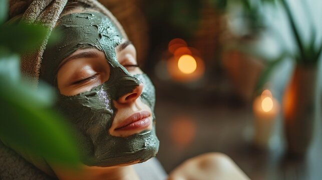 Skin care, woman enjoying clay face mask in spa, relaxation and health care. Created with Generative Ai technology.