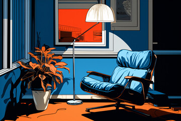 おしゃれな部屋の椅子のイラスト、ブルーベースのインテリア

