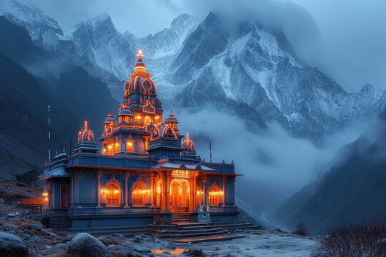 Kedarnath night scene with light effects, mountains in the background