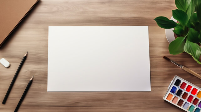 Top view of plain blank white drawing paper on wood table
