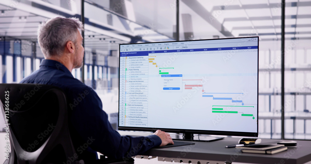 Poster Businessman Working On Gantt Chart Using Computer