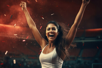 Young Female Athlete Celebrates a Win at a stadium, success concept. Winner of competitions.