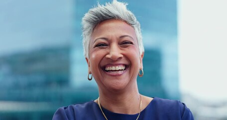 Business woman, face and senior, lawyer happy with career and confident on rooftop, skyscraper and pride. Expert, legal employee or attorney with smile in portrait for corporate and professional