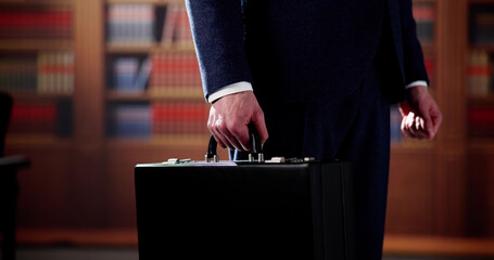 Midsection Of Lawyer Carrying Briefcase Against Bookshelf
