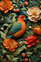 Fototapeta premium Colorful Garden Reverie Generative AI's Bird and flowers Harmony Unveiled