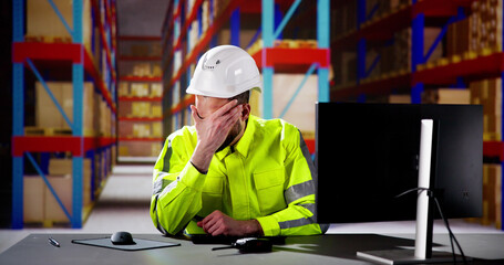 Shocked Engineer In Automated Logistics Warehouse - obrazy, fototapety, plakaty