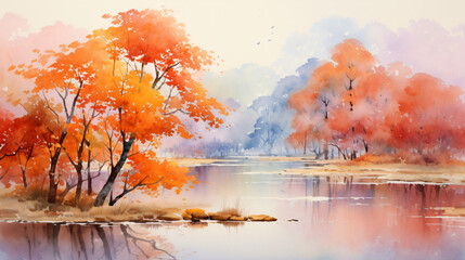 Warm orange watercolor landscape
