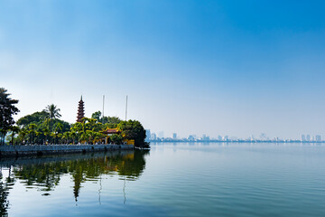 Hanoi West Lake, or Tay Ho Lake, view with Tran Quoc Pagoda, a landmark building in Hanoi Vietnam