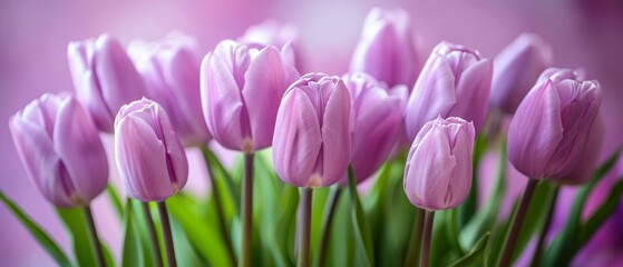 Fototapeta premium Beautiful close up bouquet of lilac tulips close up banner background for women's holidays.