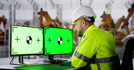 Engineer Using PC Monitor With Green Screen