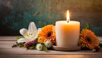 Burning candle and flowers on the table, beautiful interior arrangement, candlelight