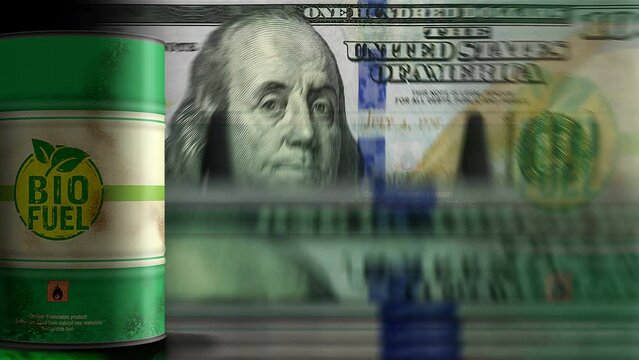 Biofuel green and clean eco renewable fuel barrels over USA Dollar money banknotes counting seamless and loopable concept. Sustainable energy and biodiesel oil industrial business loop background.