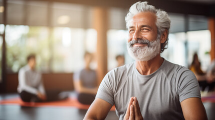 Obraz premium Yoga fitness, class and senior people training for elderly wellness, health and retirement self care in pilates studio.