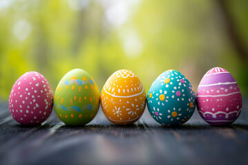 Fototapeta na wymiar Colorful easter eggs in a row and in front of a green background and space for text. Minimalist Easter composition. Greeting trendy color concept with copyspace. design template, free copy space