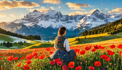 Foto op Canvas Woman sitting alone in a field of beautiful red poppies, looking at green hills and snow covered mountains in the distance, in style of oil painting © Elaina