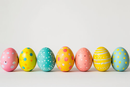 Colorful easter eggs in a row and in front of a white background and space for text. Minimalist Easter composition. Greeting trendy color concept with copyspace. design template, free copy space