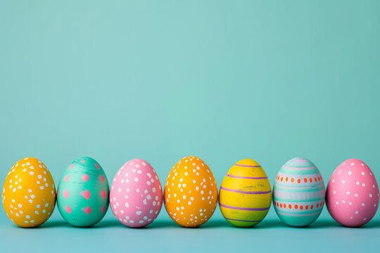 Colorful easter eggs in a row and in front of a blue background and space for text. Minimalist Easter composition. Greeting trendy color concept with copyspace. design template, free copy space
