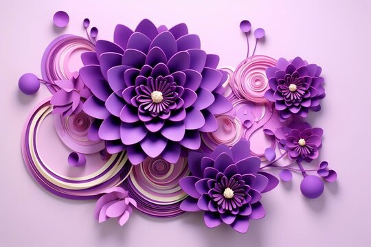 3D Circle Purple Flowers. Generative AI