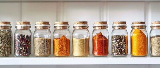 A collection of colorful spice jars, arranged in a row on a white pantry shelf  - obrazy, fototapety, plakaty